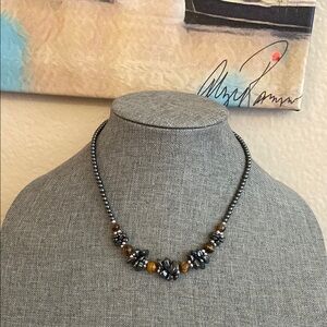 Vintage 70s Artisan Hemetite & Tiger Eye Beaded Necklace